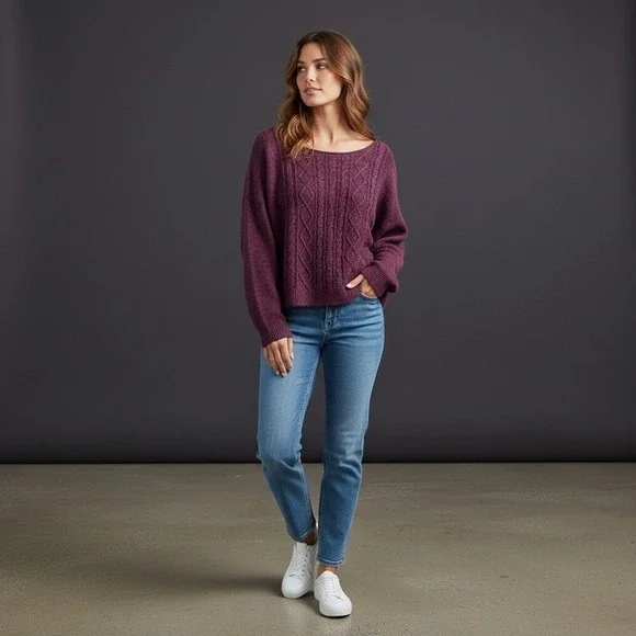 Hollister Burgundy Cable Knit Distressed Sweater Loose Fit Women Size M L - Picture 1 of 5